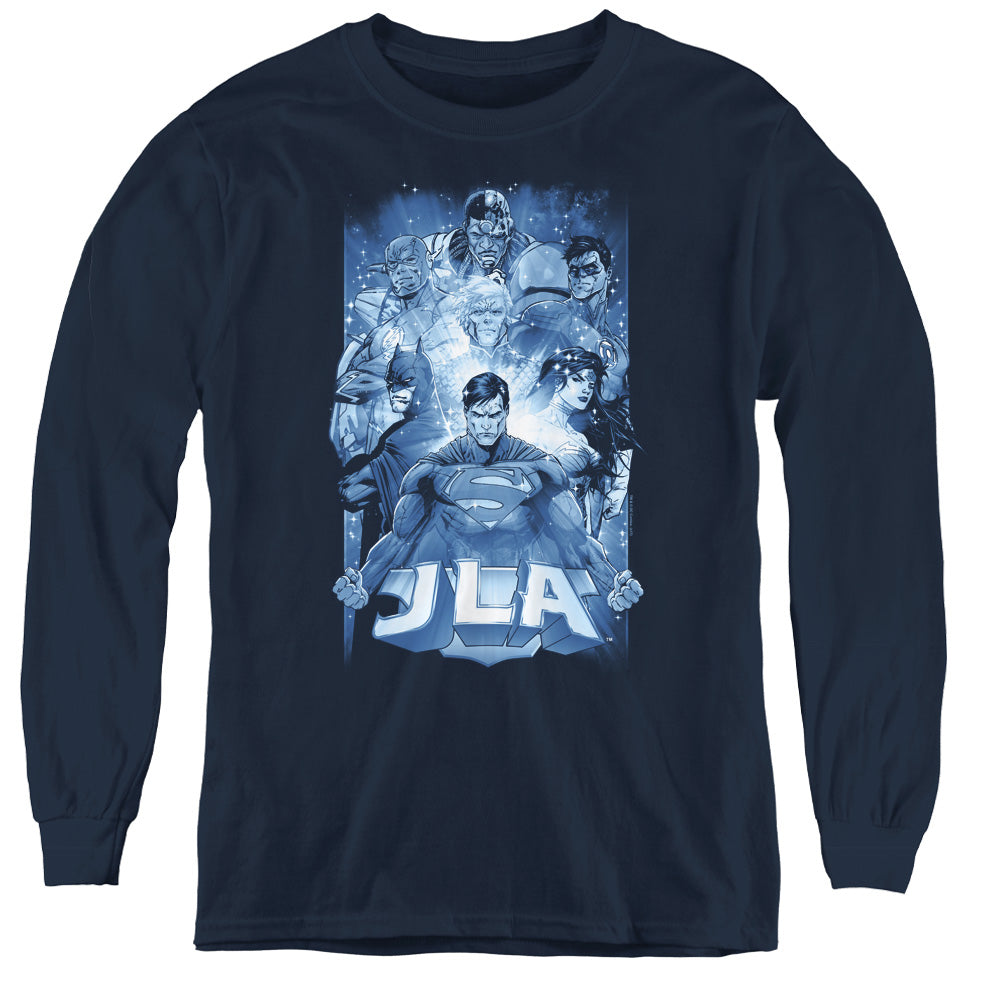 Justice League Burst Long Sleeve Kids Youth T Shirt Navy Blue Blue Officially Licensed