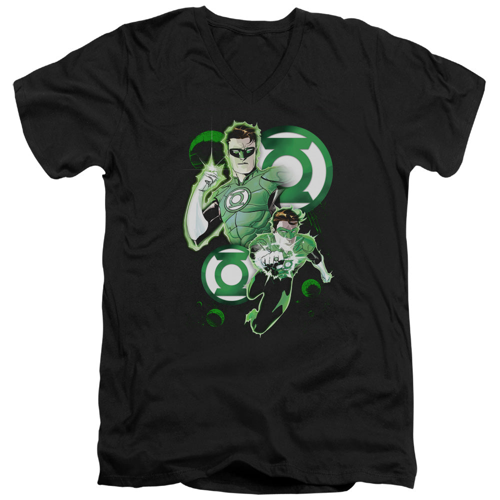 Justice League Gl in Action Mens Slim Fit V-Neck T Shirt Black Officially Licensed