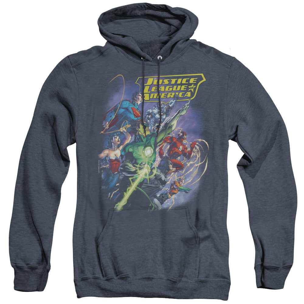 Justice League Of America Onward Mens Heather Hoodie Navy Officially Licensed