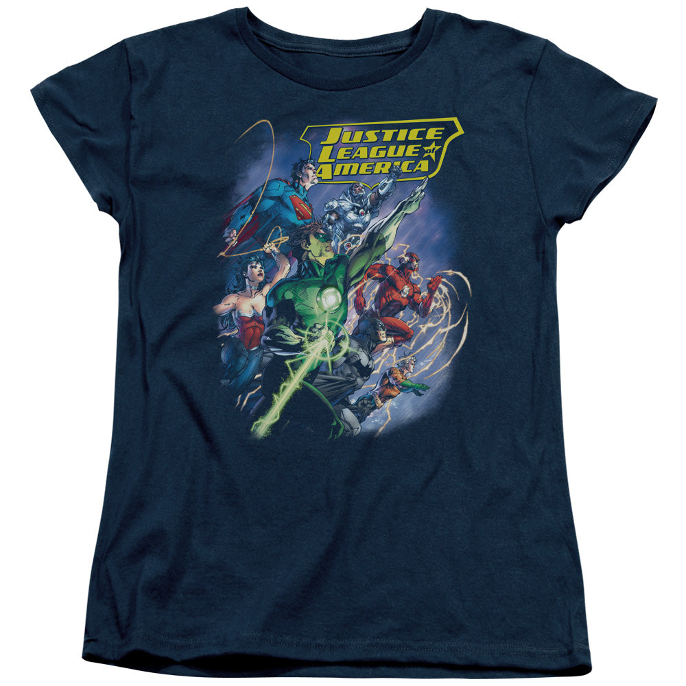 Justice League Onward Womens T Shirt Navy Blue Blue Officially Licensed
