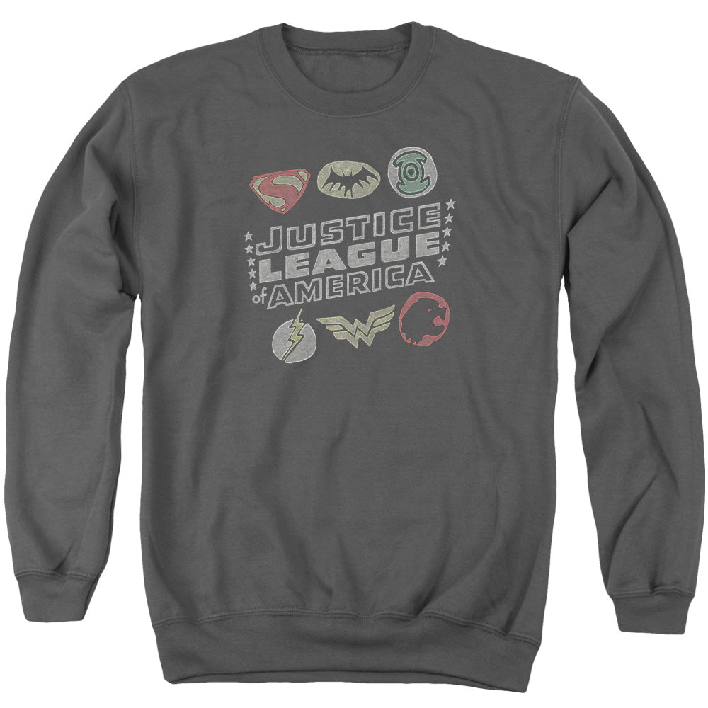 Justice League Of America Symbols Mens Crewneck Sweatshirt Charcoal Officially Licensed