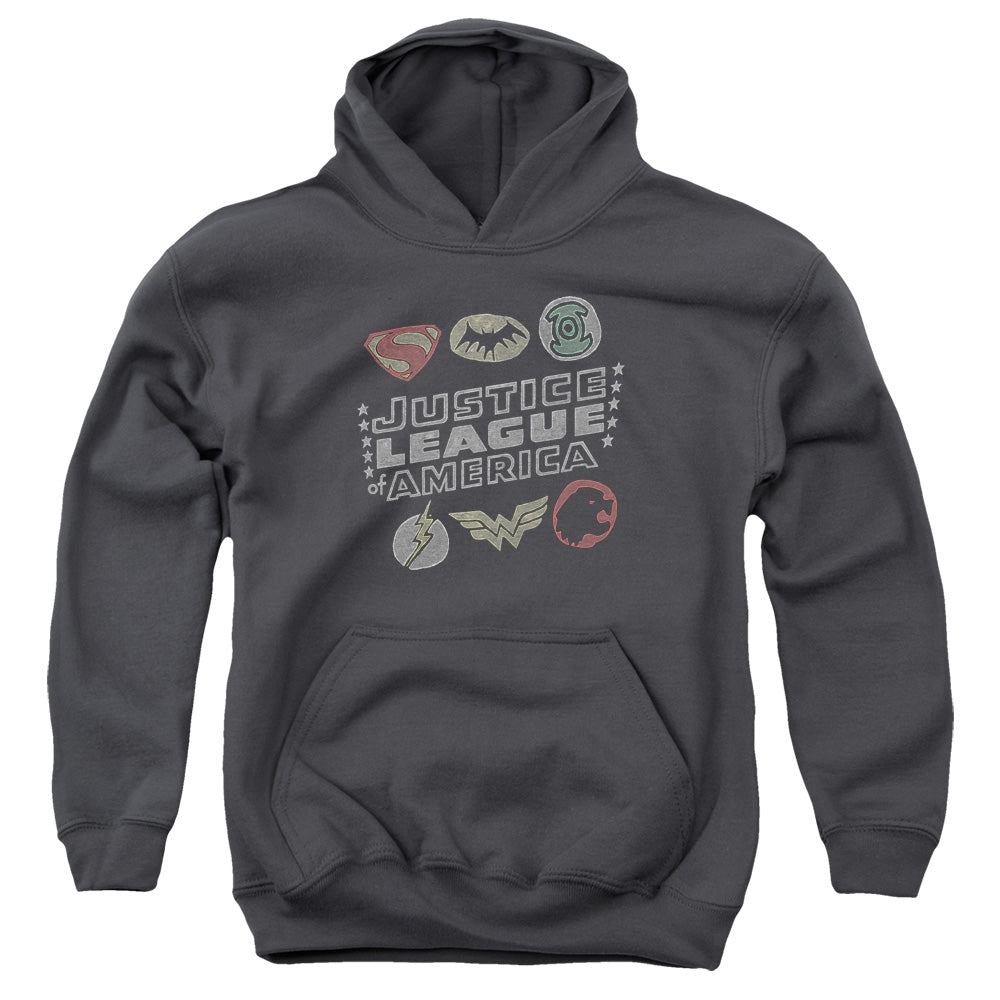 Justice League Symbols Kids Youth Hoodie Charcoal Officially Licensed
