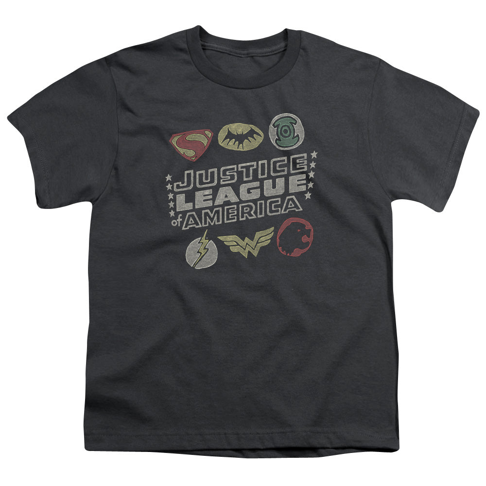 Justice League Symbols Kids Youth T Shirt Charcoal Officially Licensed