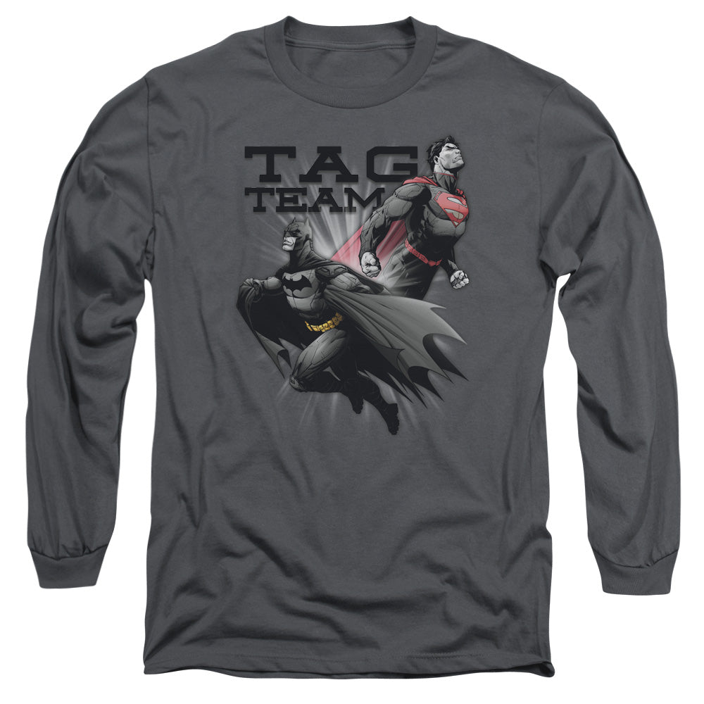 Justice League Tag Team Mens Long Sleeve Shirt Charcoal Officially Licensed