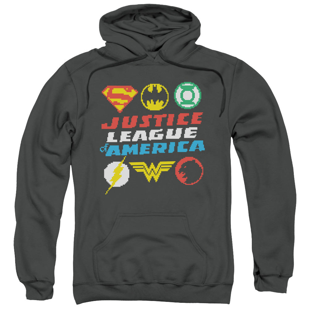 Justice League Pixel Logos Mens Hoodie Charcoal Officially Licensed