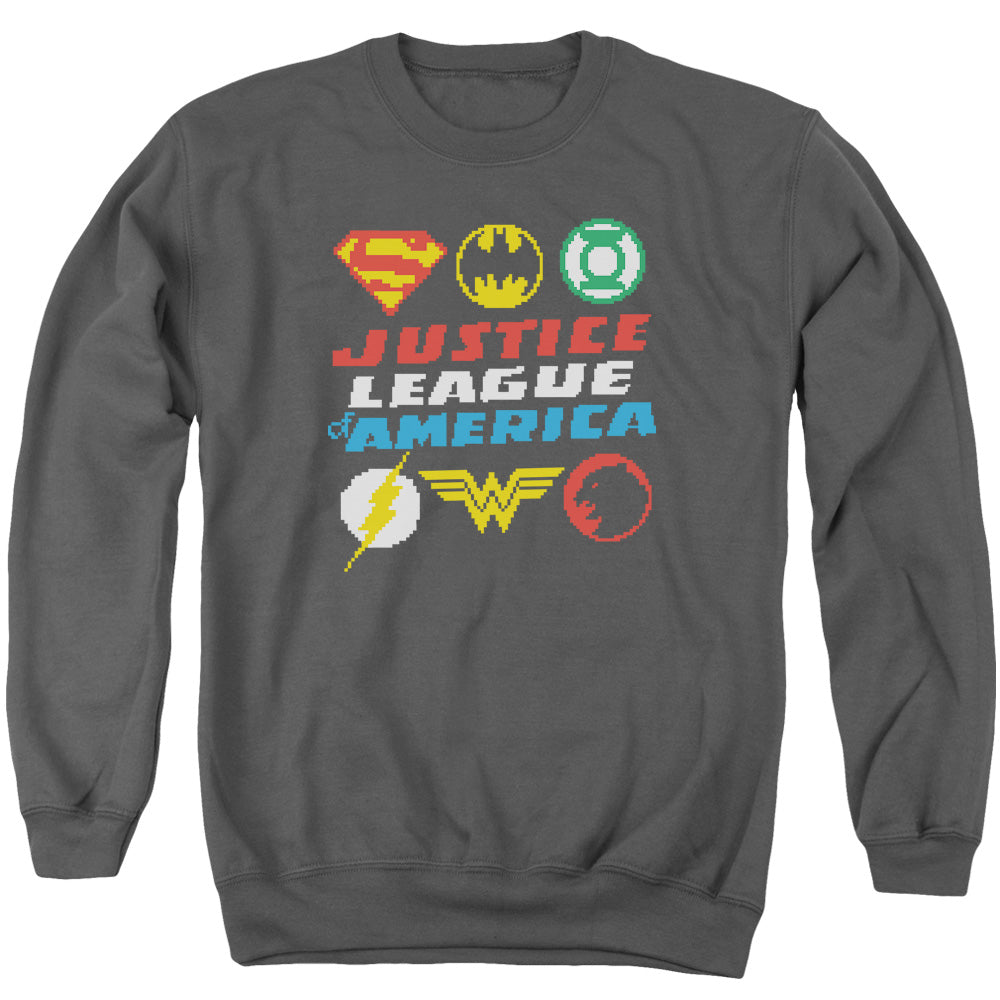 Justice League Pixel Logos Mens Crewneck Sweatshirt Charcoal Officially Licensed