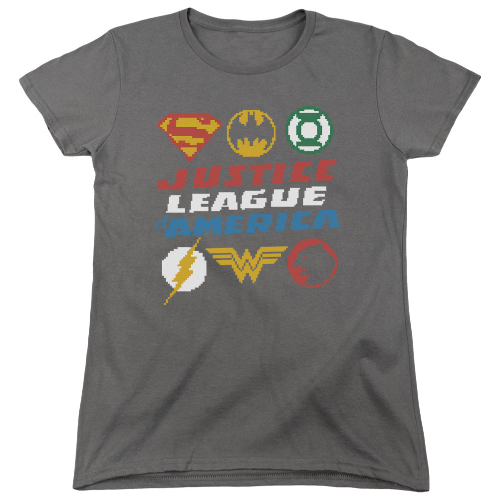 Justice League Pixel Logos Womens T Shirt Charcoal Officially Licensed