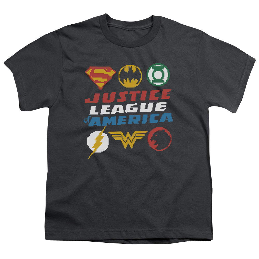 Justice League Pixel Logos Kids Youth T Shirt Charcoal Officially Licensed