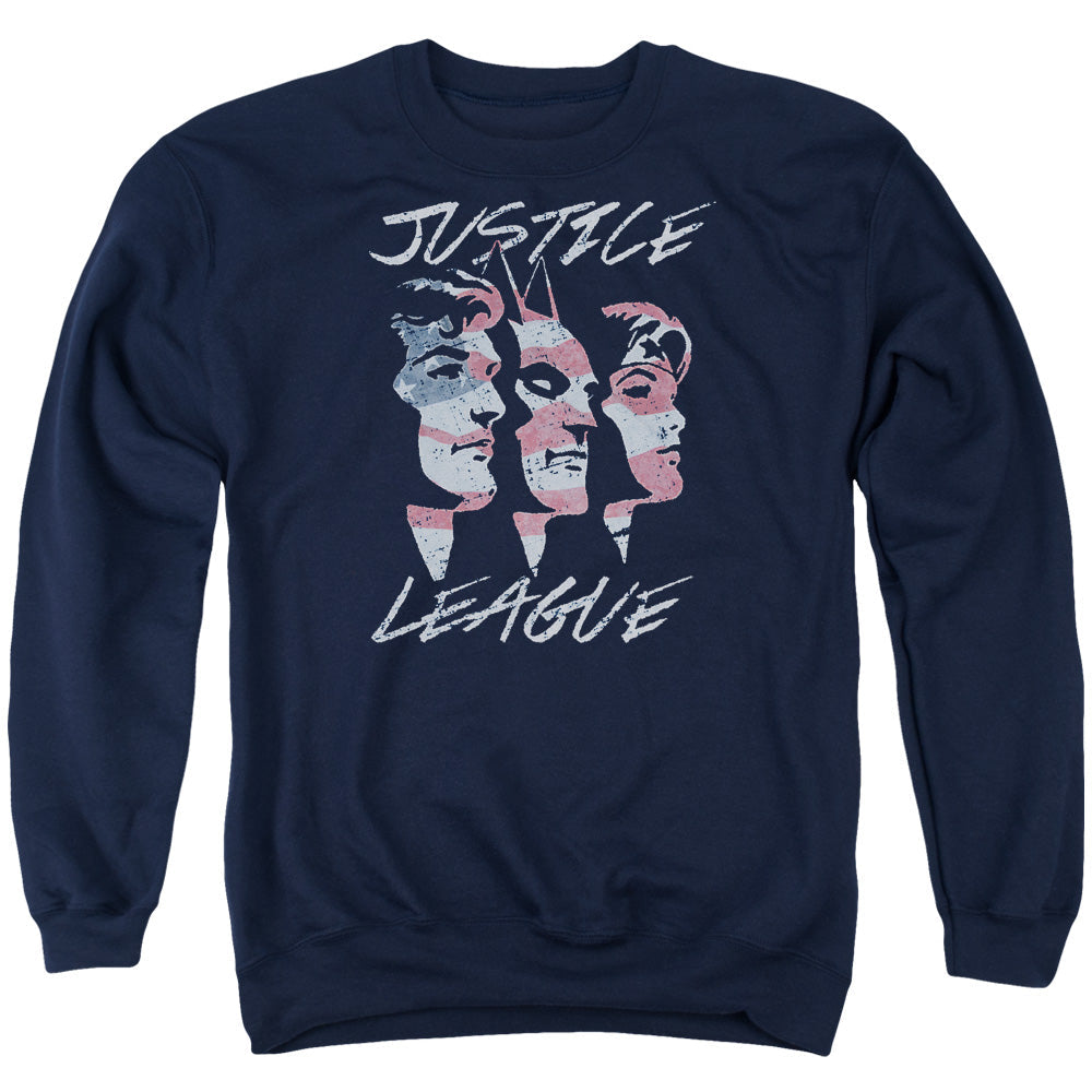Justice League Justice for America Mens Crewneck Sweatshirt Navy Blue Blue Officially Licensed