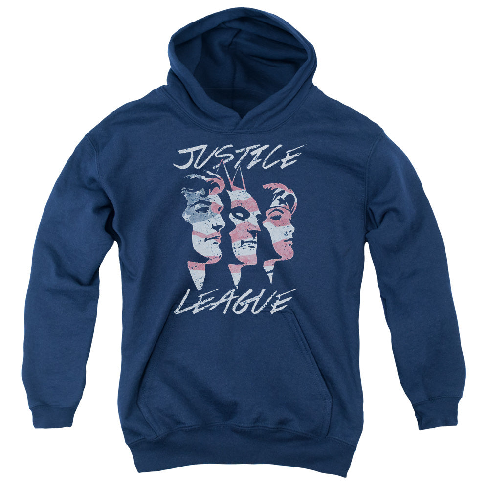 Justice League Justice for America Kids Youth Hoodie Navy Blue Blue Officially Licensed