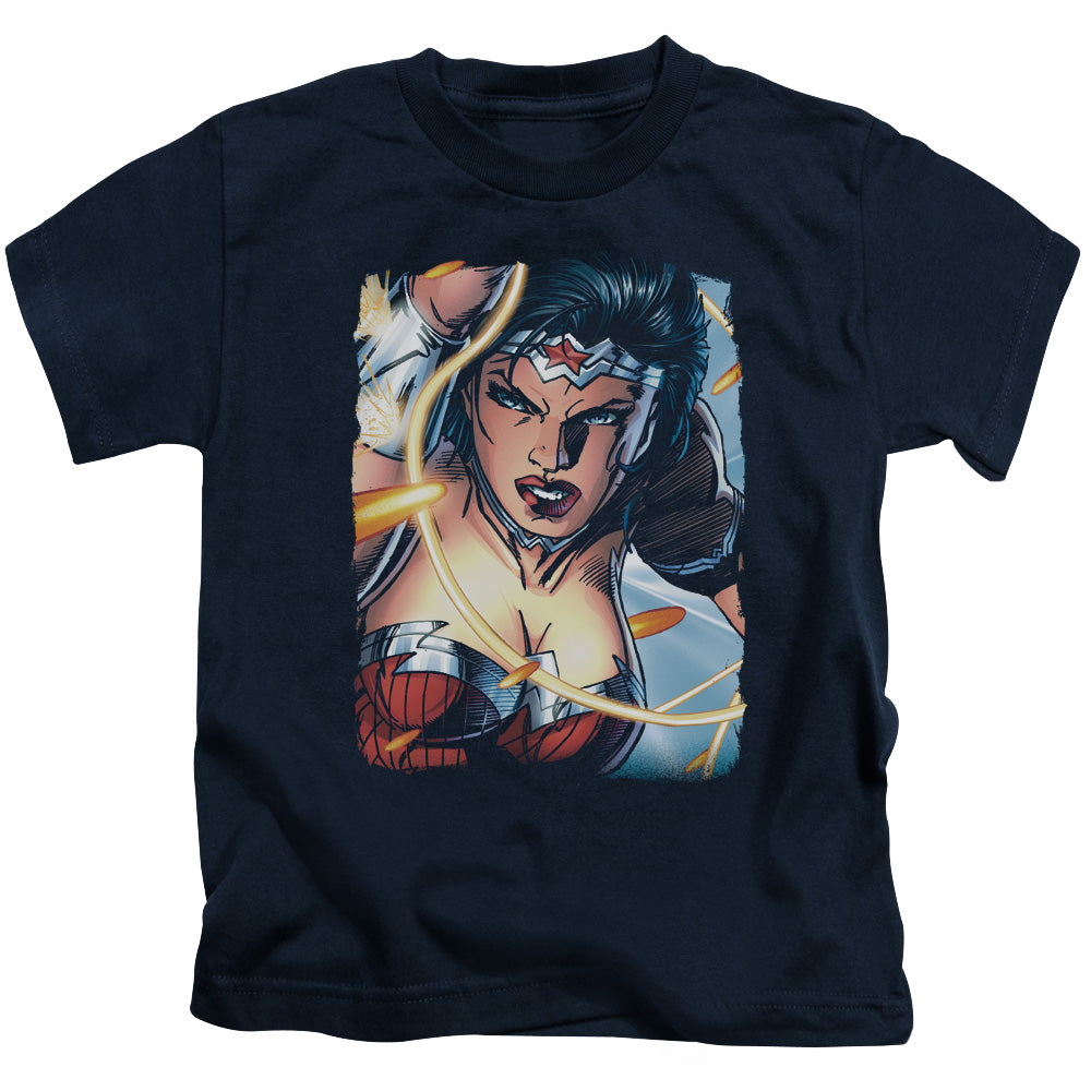 Justice League Scowl Juvenile Kids Youth T Shirt Navy Blue Blue Officially Licensed