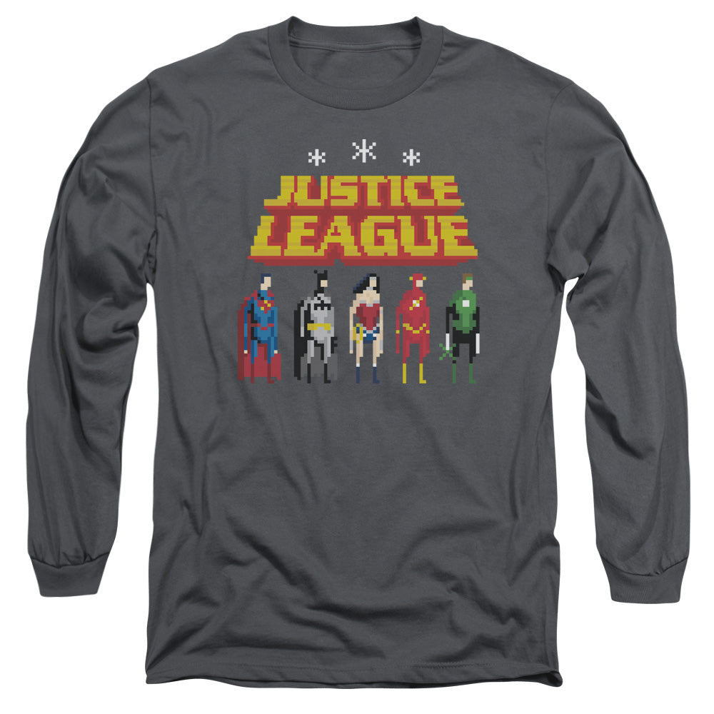 Justice League Standing Below Mens Long Sleeve Shirt Charcoal Officially Licensed