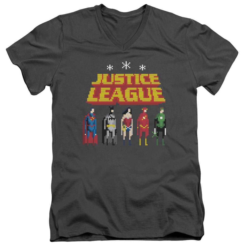 Justice League Standing Below Mens Slim Fit V-Neck T Shirt Charcoal Officially Licensed