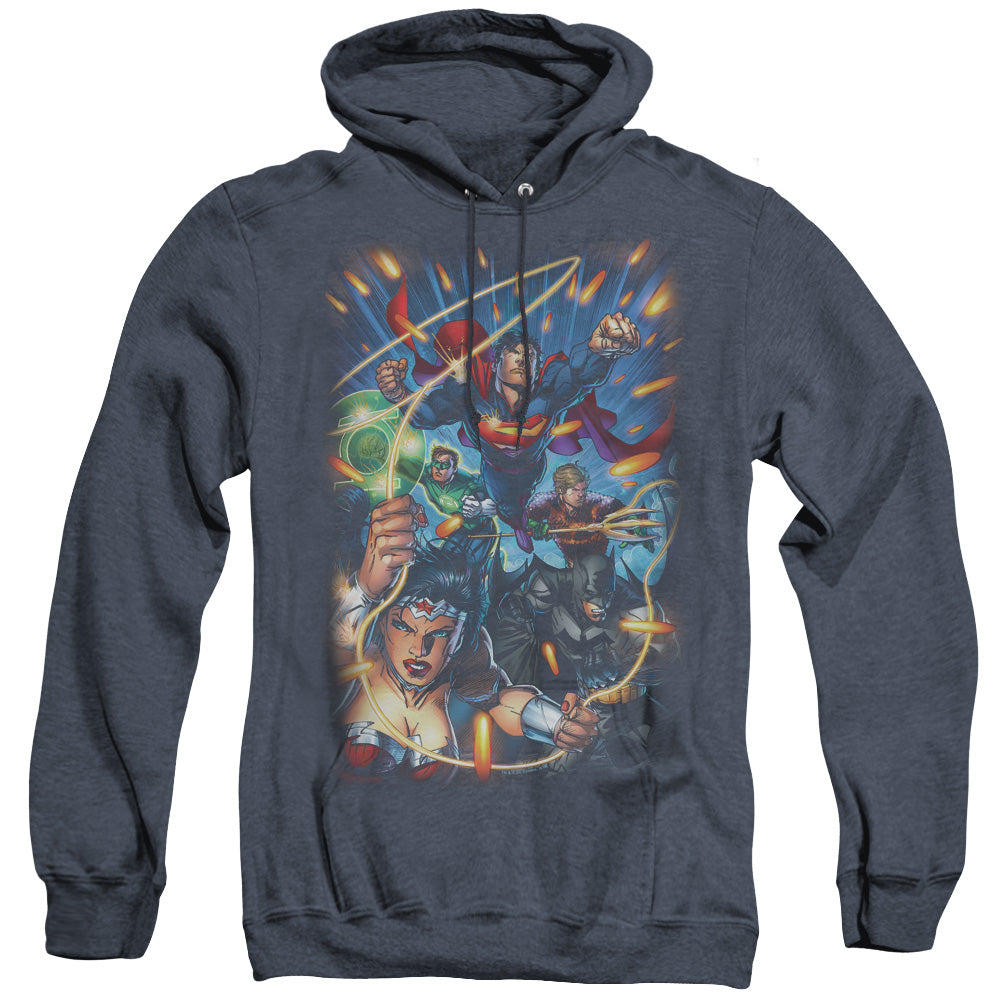 Justice League Under Attack Heather Mens Hoodie Navy Blue Blue Officially Licensed