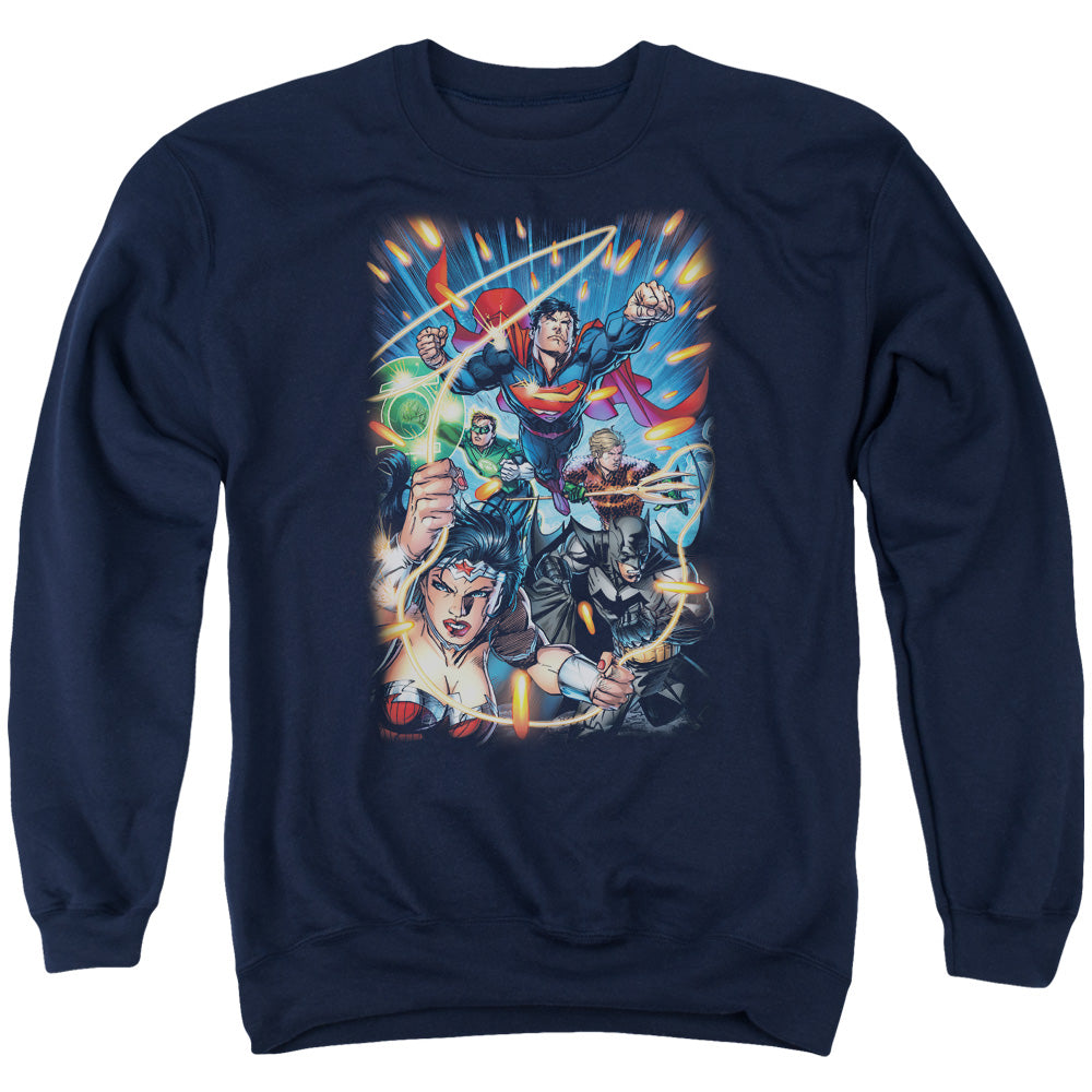 Justice League Under Attack Mens Crewneck Sweatshirt Navy Blue Blue Officially Licensed