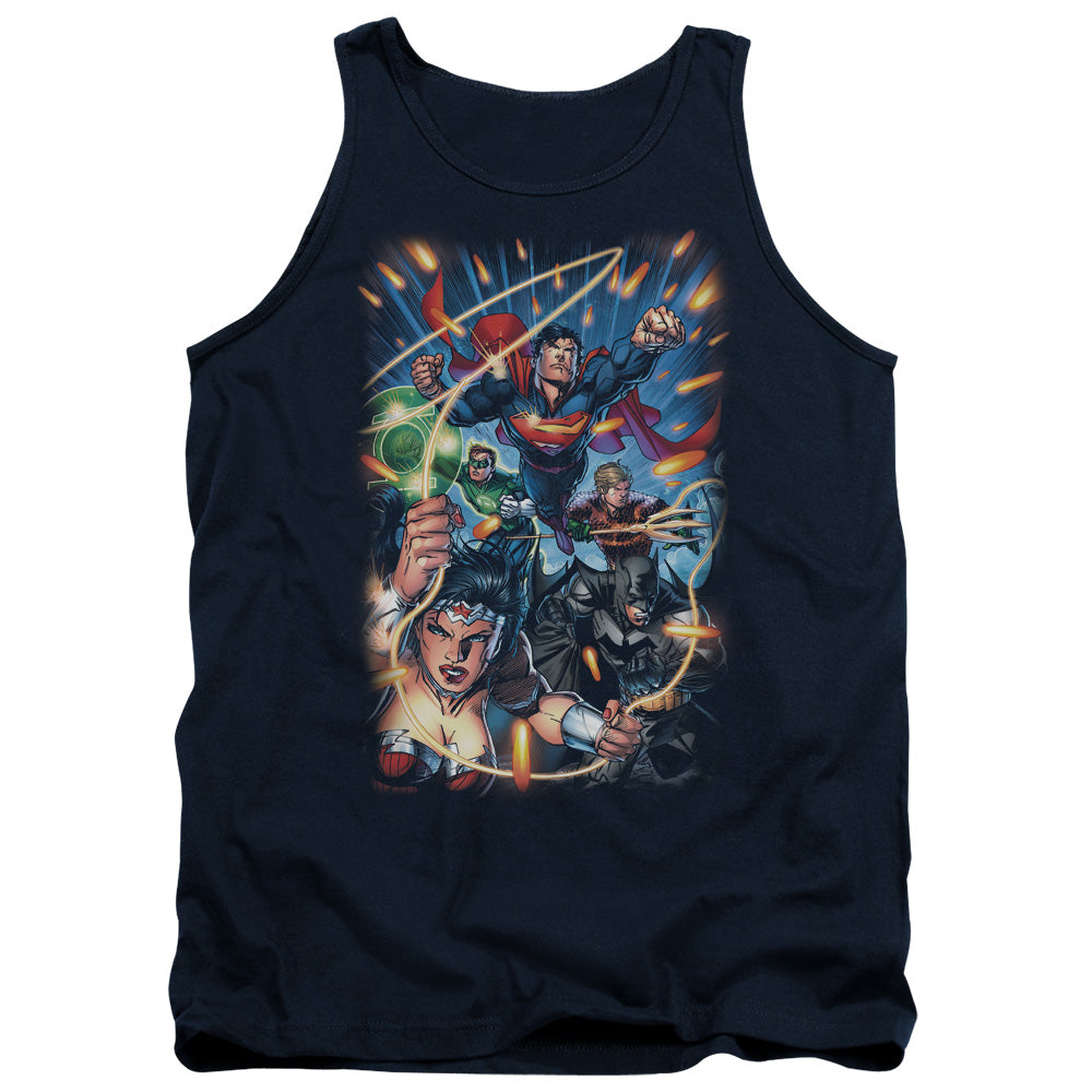 Justice League Under Attack Mens Tank Top Shirt Navy Blue Blue Officially Licensed