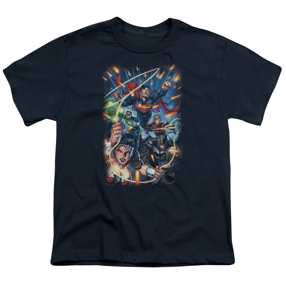 Justice League Under Attack Kids Youth T Shirt Navy Blue Blue Officially Licensed