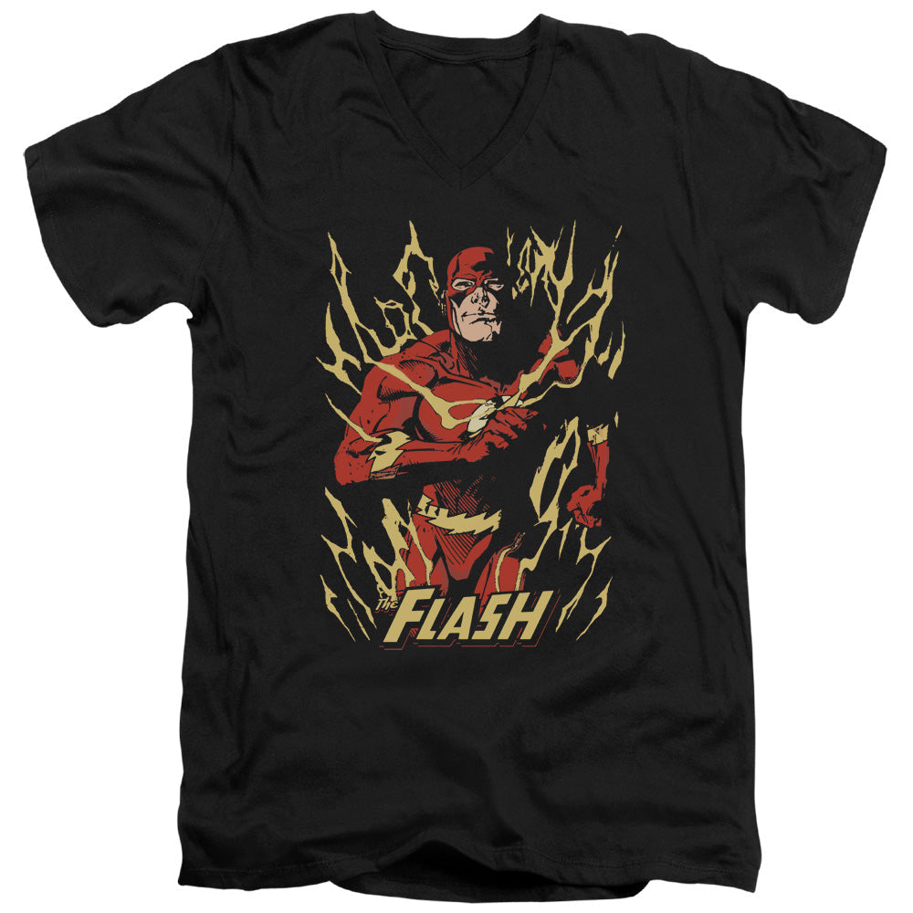 Justice League Flash Flare Mens Slim Fit V-Neck T Shirt Black Officially Licensed