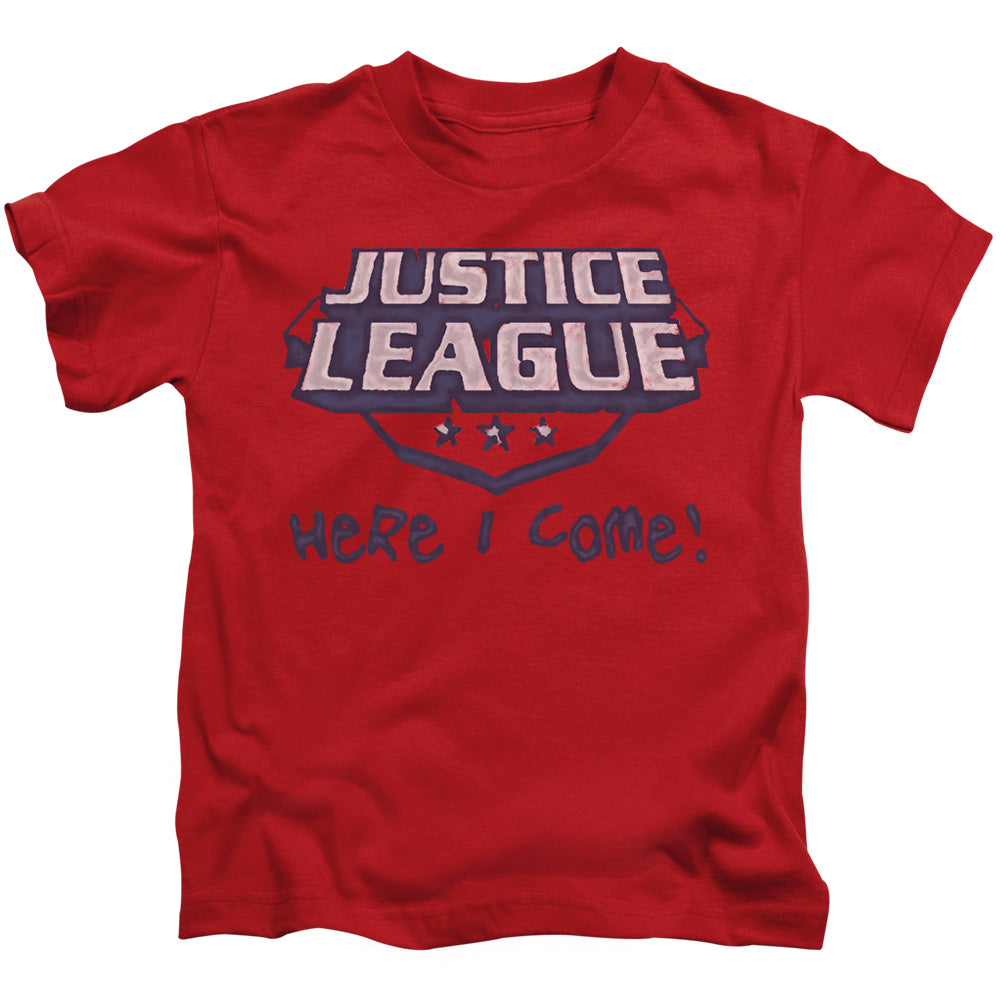 Justice League Here I Come Juvenile Kids Youth T Shirt Red Officially Licensed