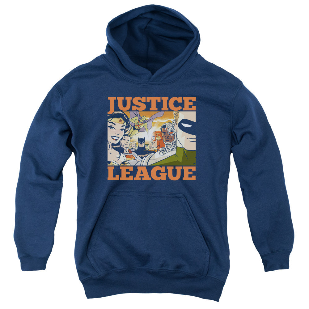 Justice League New Dawn Group Kids Youth Hoodie Navy Blue Blue Officially Licensed