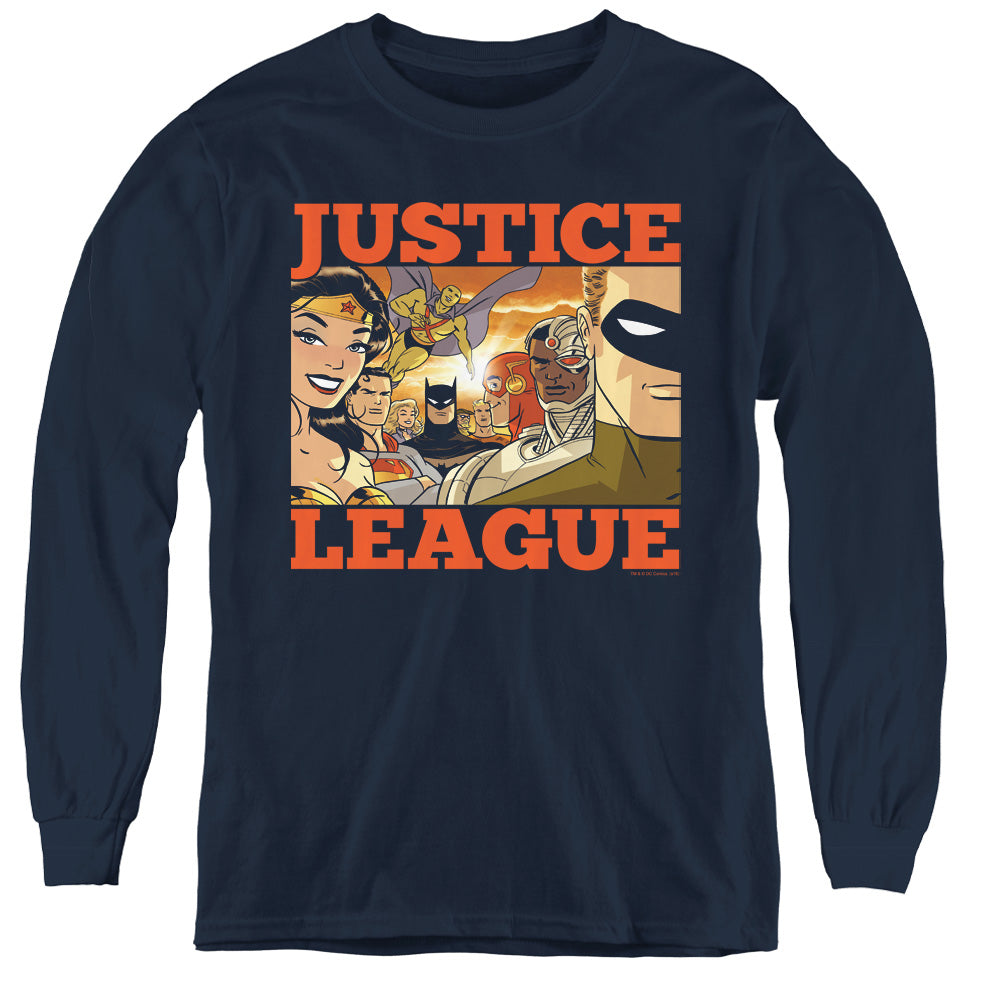 Justice League New Dawn Group Long Sleeve Kids Youth T Shirt Navy Blue Blue Officially Licensed