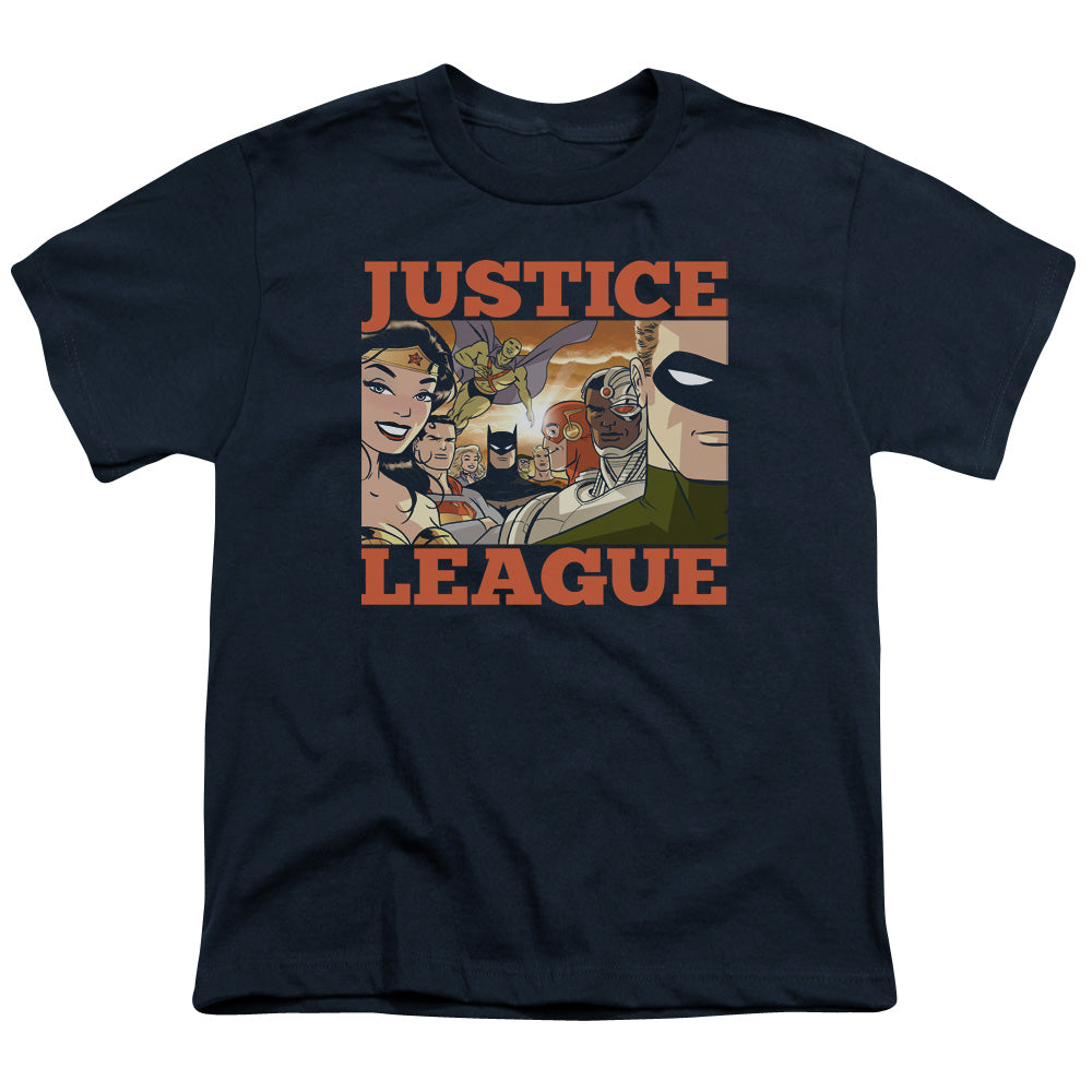 Justice League New Dawn Group Kids Youth T Shirt Navy Blue Blue Officially Licensed