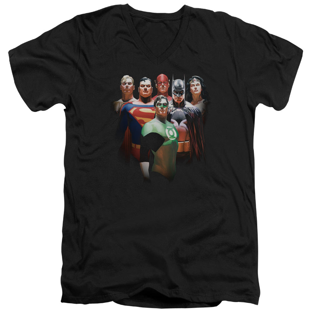 Justice League Roll Call Mens Slim Fit V-Neck T Shirt Black Officially Licensed