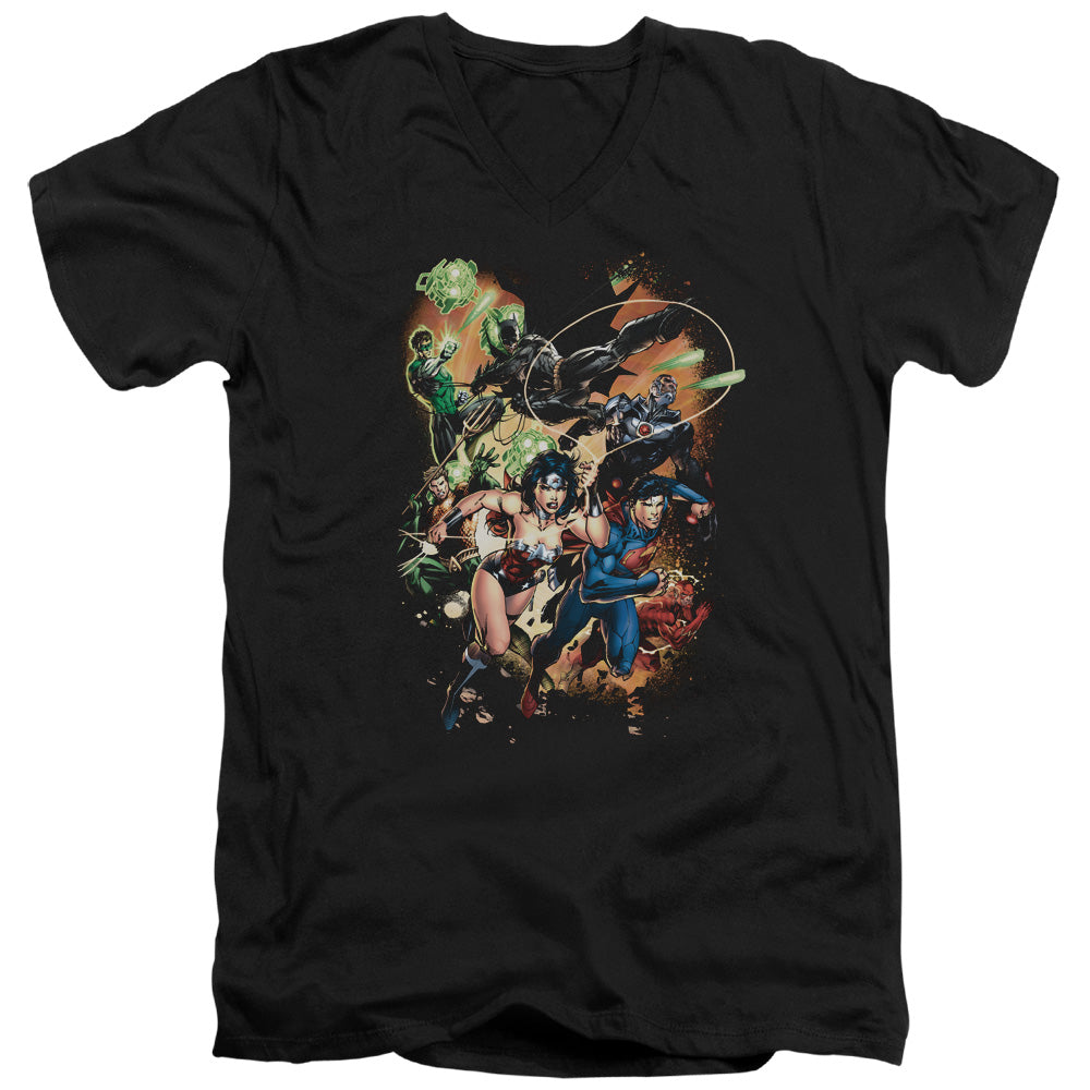 Justice League Battle Ready Mens Slim Fit V-Neck T Shirt Black Officially Licensed