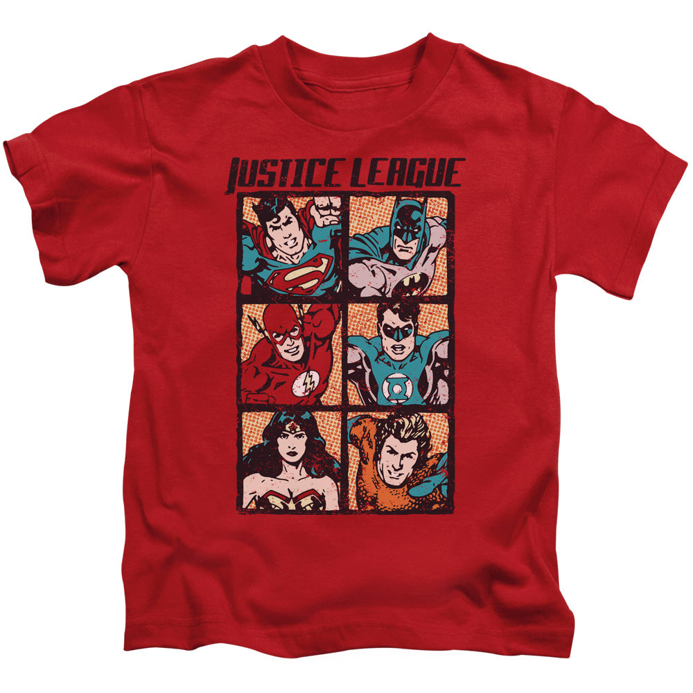 Justice League Rough Panels Juvenile Kids Youth T Shirt Red Officially Licensed