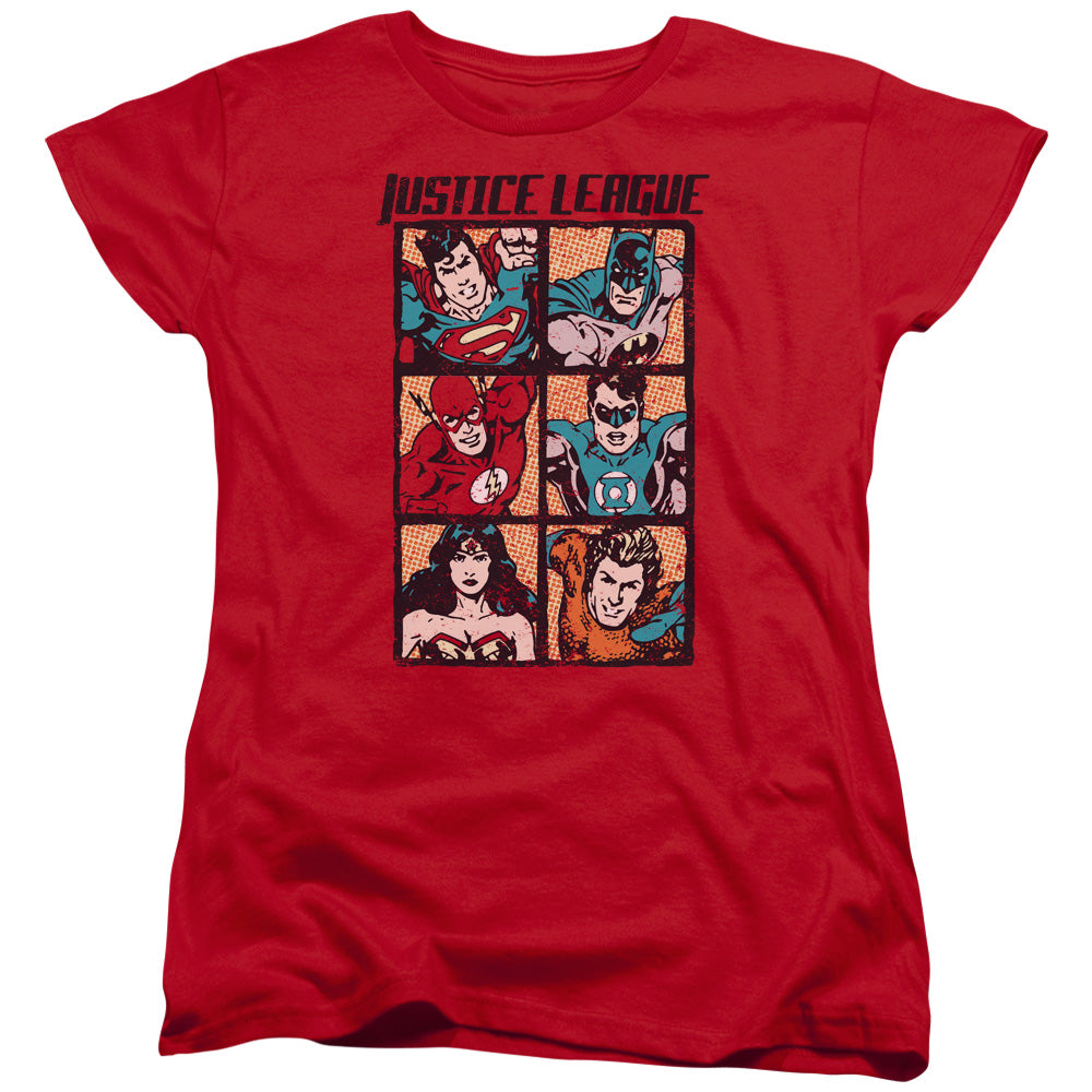 Justice League Rough Panels Womens T Shirt Red Officially Licensed