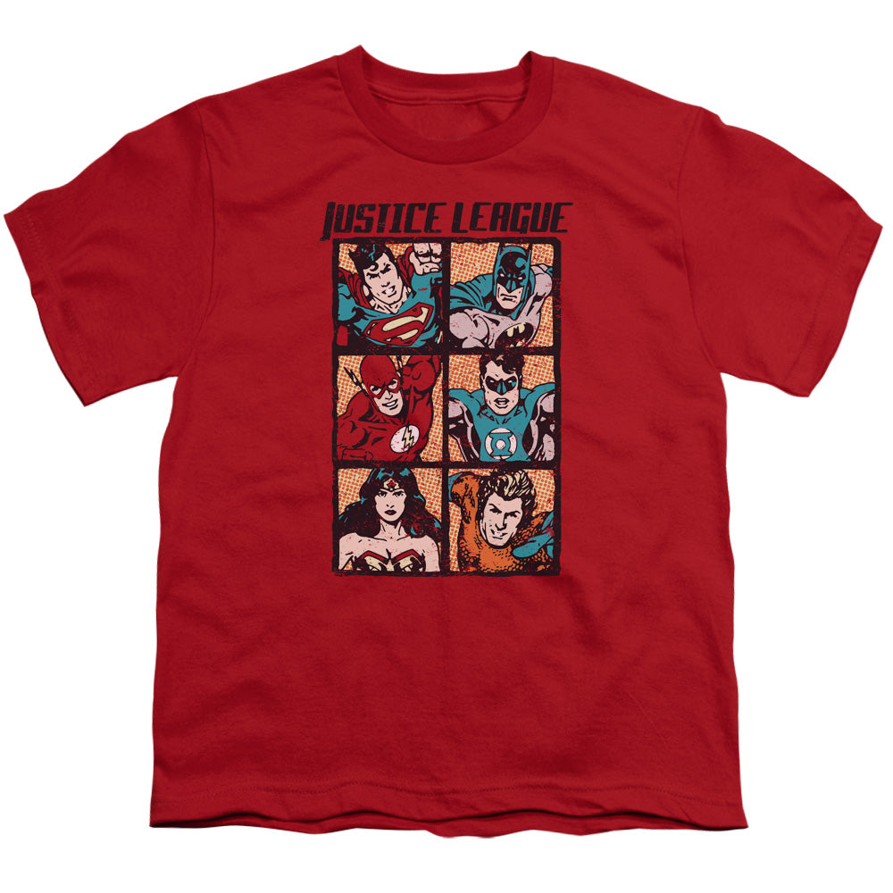 Justice League Rough Panels Kids Youth T Shirt Red Officially Licensed