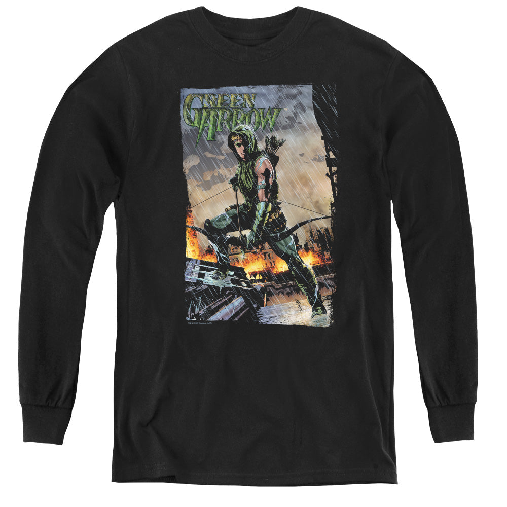 Justice League Fire and Rain Long Sleeve Kids Youth T Shirt Black Officially Licensed