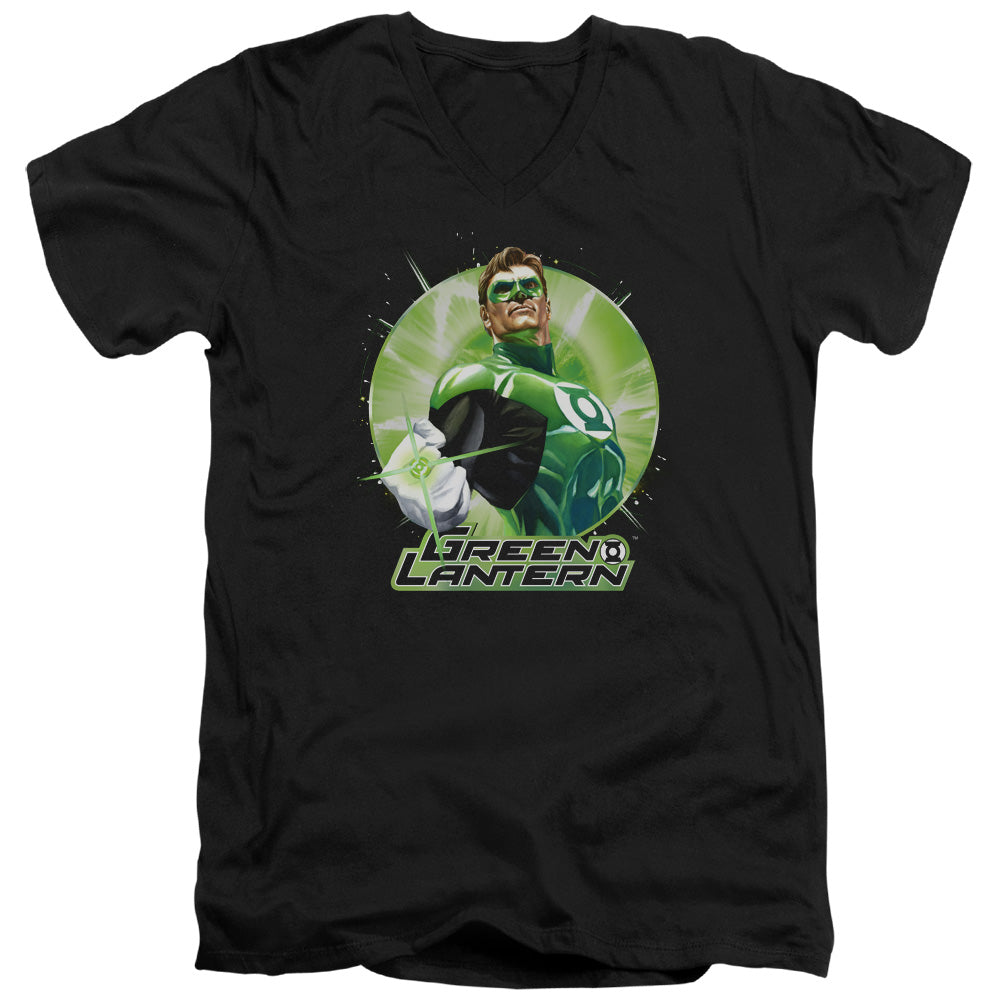 Justice League Green Static Mens Slim Fit V-Neck T Shirt Black Officially Licensed