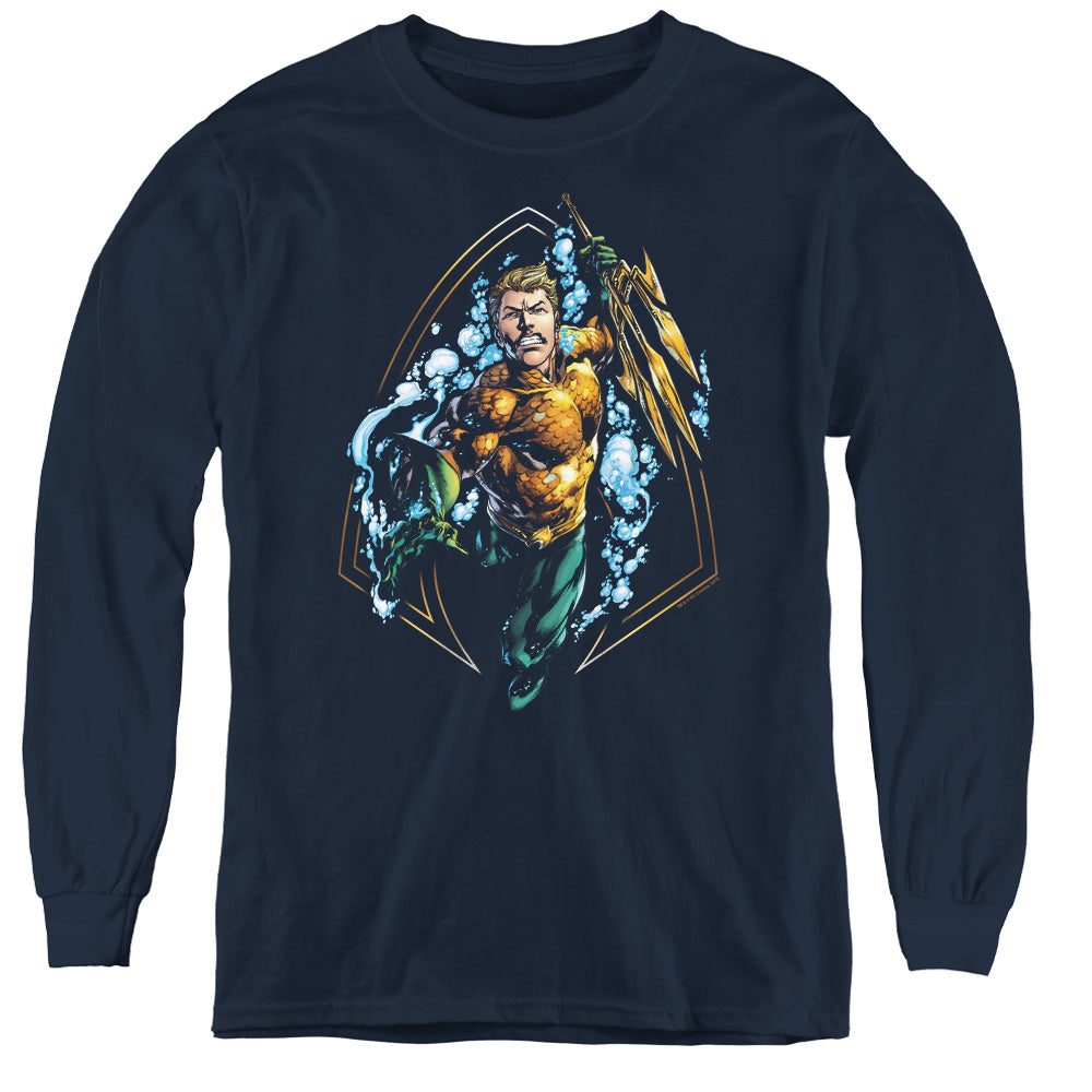 Justice League Thrashing Long Sleeve Kids Youth T Shirt Navy Blue Blue Officially Licensed