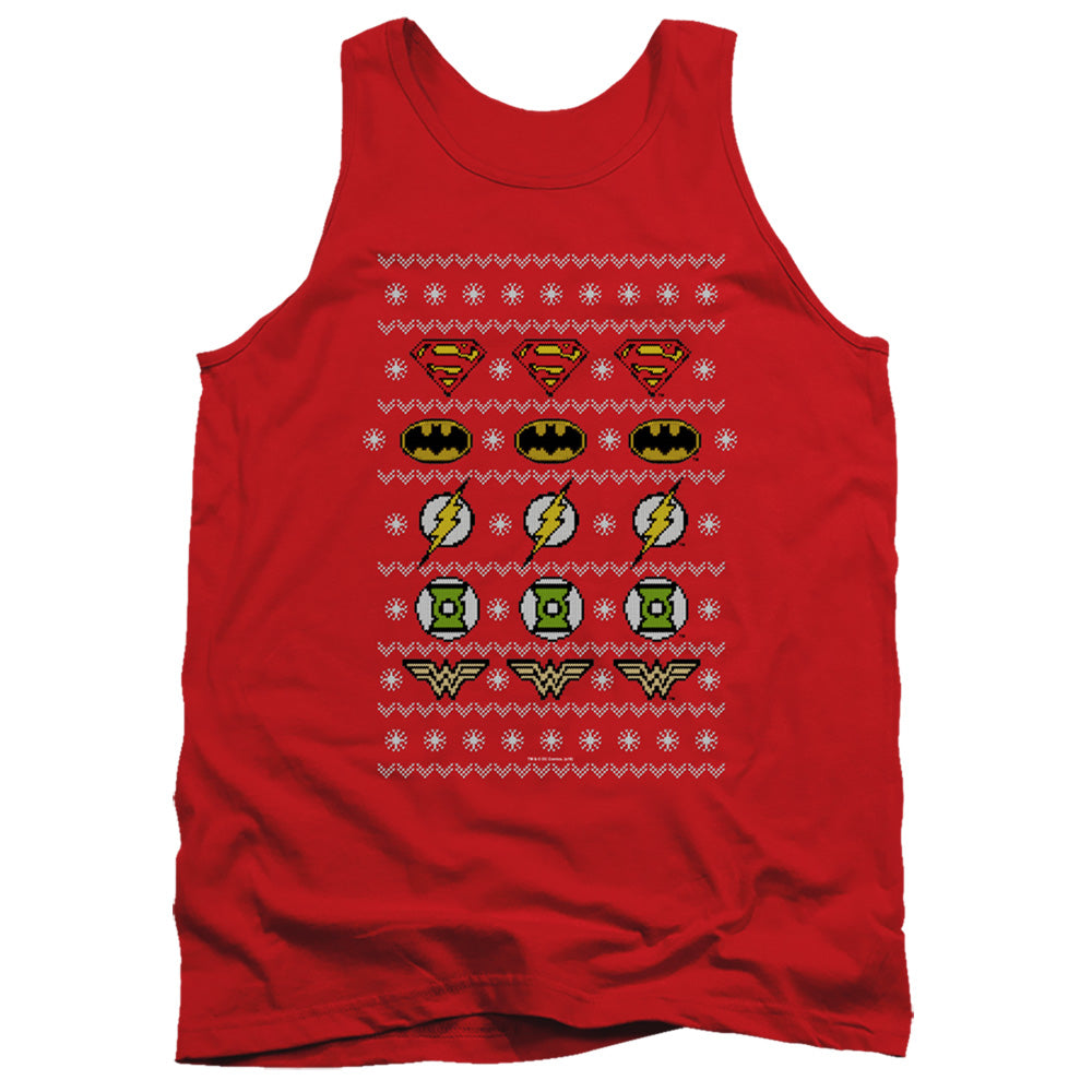 Justice League Assemble Justice Shields Christmas Sweater Mens Tank Top Shirt Red Officially Licensed