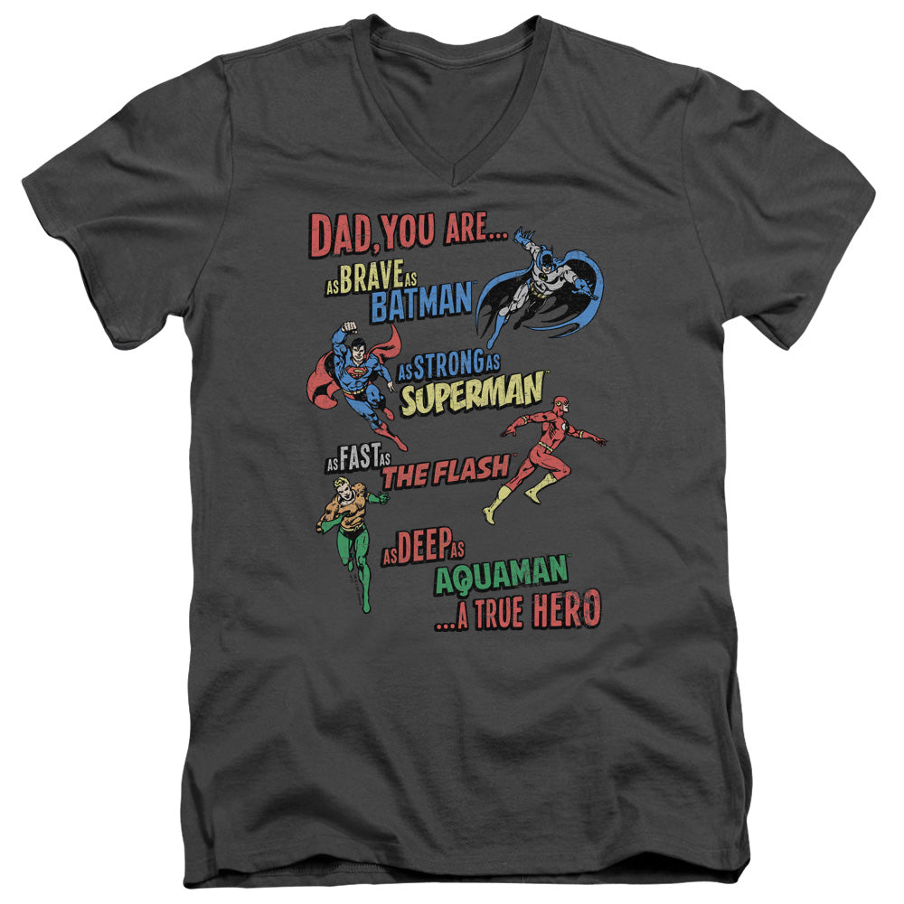 Justice League Dad Hero Mens Slim Fit V-Neck T Shirt Charcoal Officially Licensed