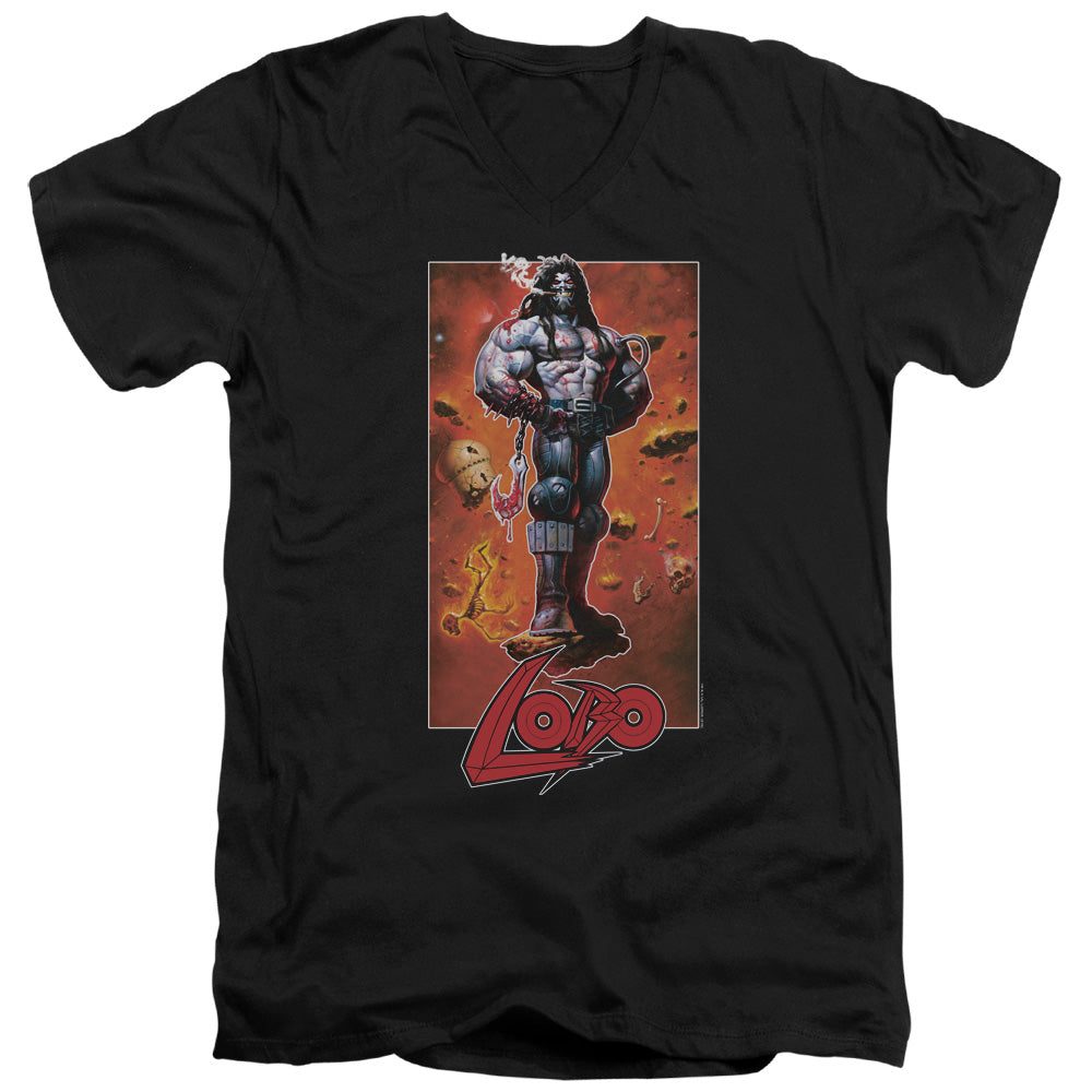 Justice League Lobo Pose Mens Slim Fit V-Neck T Shirt Black Officially Licensed