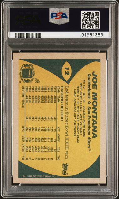 Graded 1989 Topps Joe Montana #12 Football Card PSA 10 Gem Mint