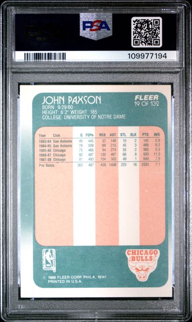 Graded 1988 Fleer John Paxson #19 Basketball Card PSA 6 EX-MT