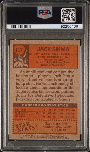 Graded 1978 Topps Jack Sikma #117 Rookie RC Basketball Card PSA 7 Near Mint