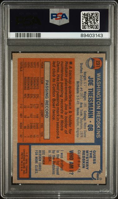 Graded 1976 Topps Joe Theismann #231 2nd Year Football Card PSA 8 NM-MT
