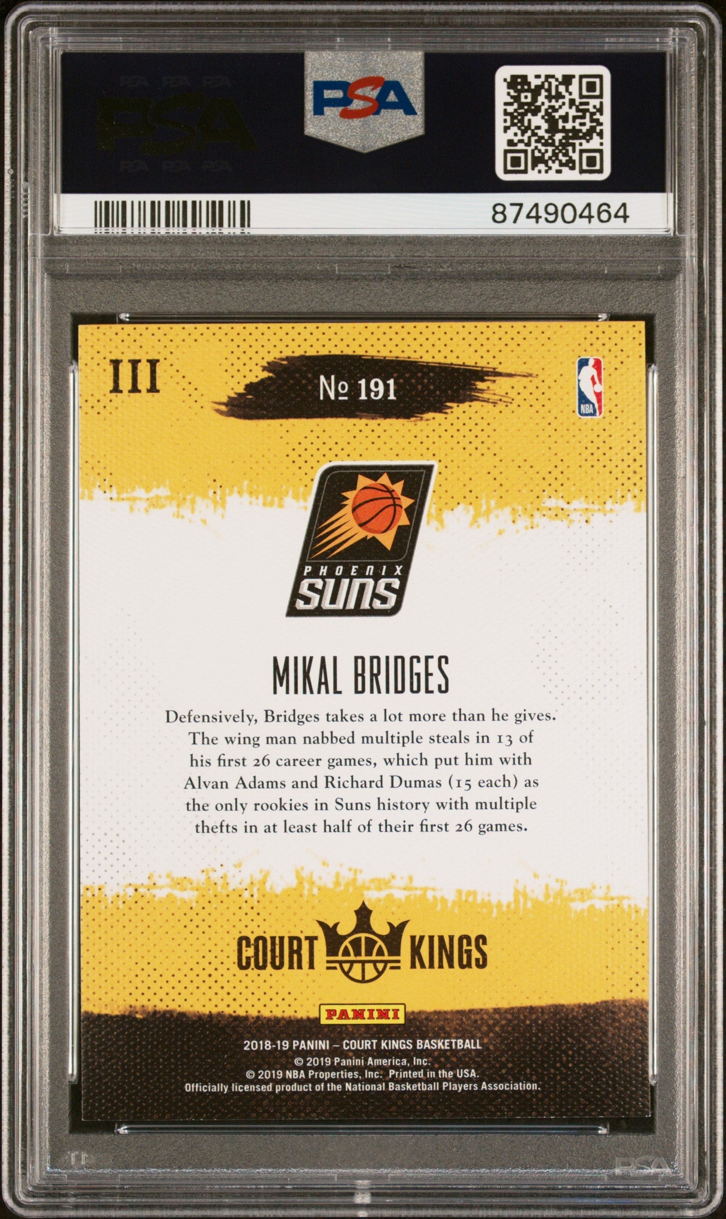 Graded 2018 Panini Court Kings Mikal Bridges #191 International Rookie RC Basketball Card PSA 10 Gem Mint