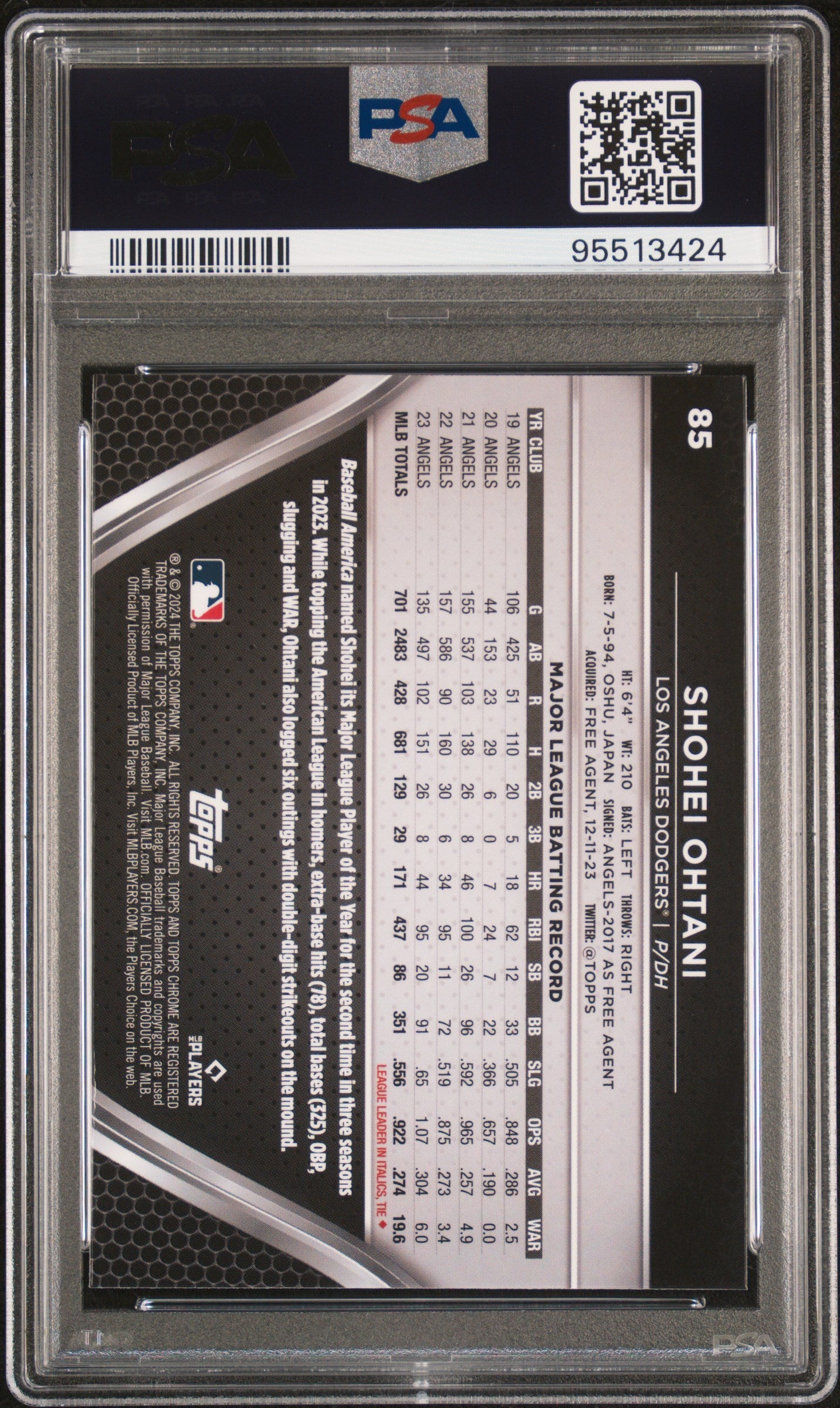 Graded 2024 Topps Chrome Black Shohei Ohtani #85 Baseball Card PSA 10 Gem Mint