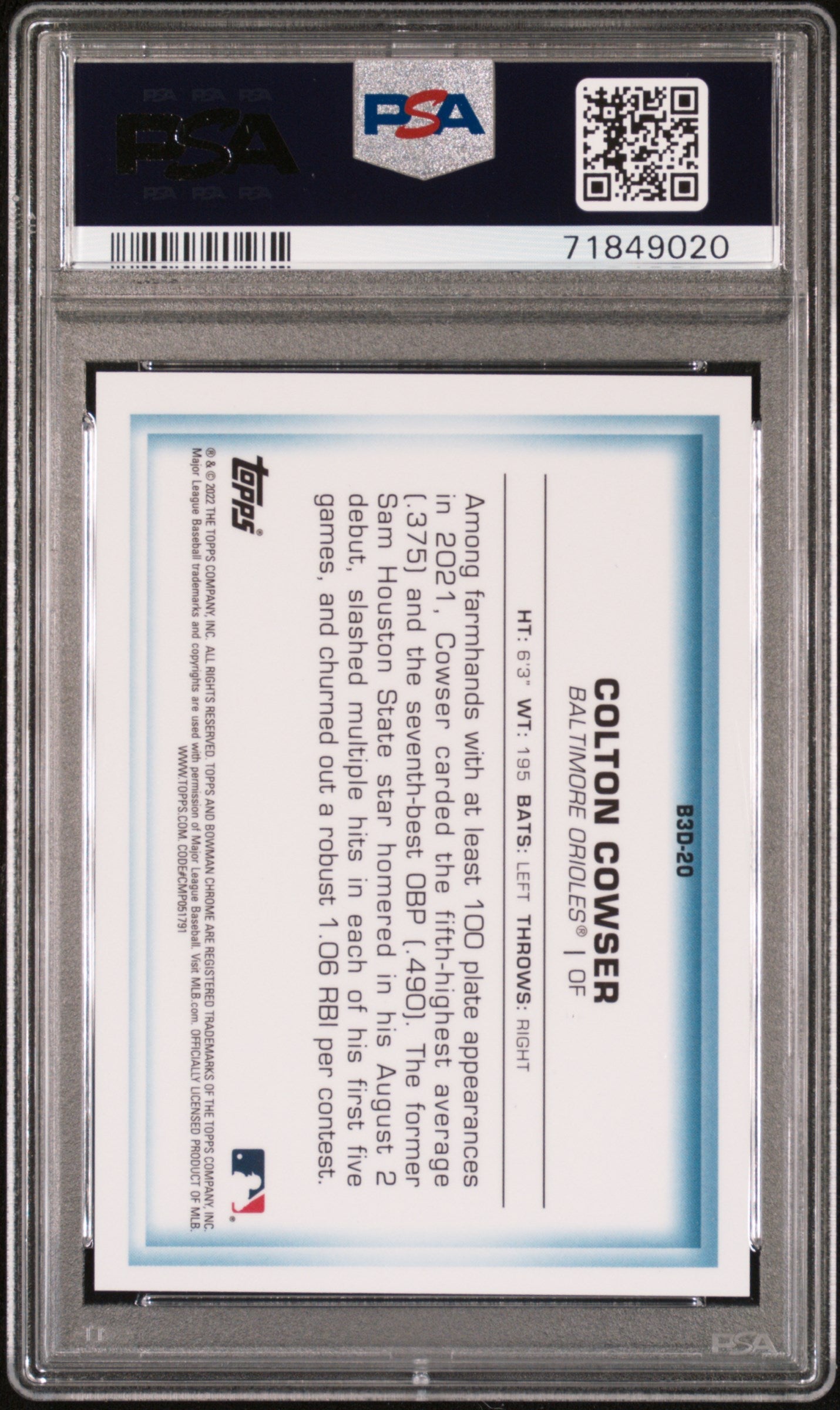 Graded 2022 Topps Bowman Colton Cowser #B3D20 Chrome Bowman In 3D Gold Refractor #/50 Rookie RC Baseball Card PSA 10 Gem Mint