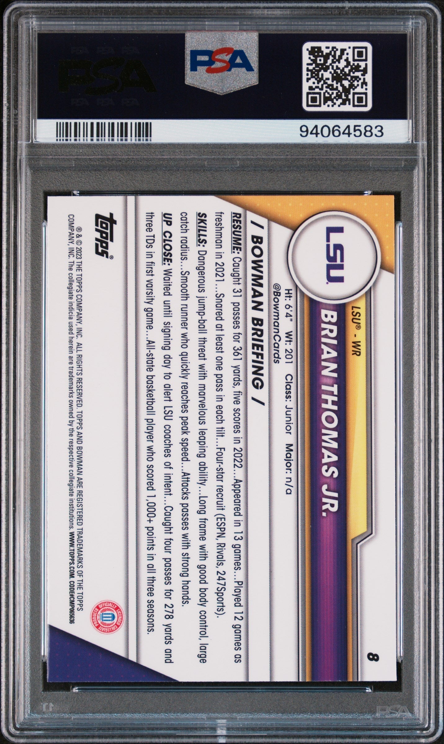 Graded 2023 Topps Bowman U Chrome Brian Thomas Jr #8 Purple Shimmer Rookie RC Football Card PSA 10 Gem Mint