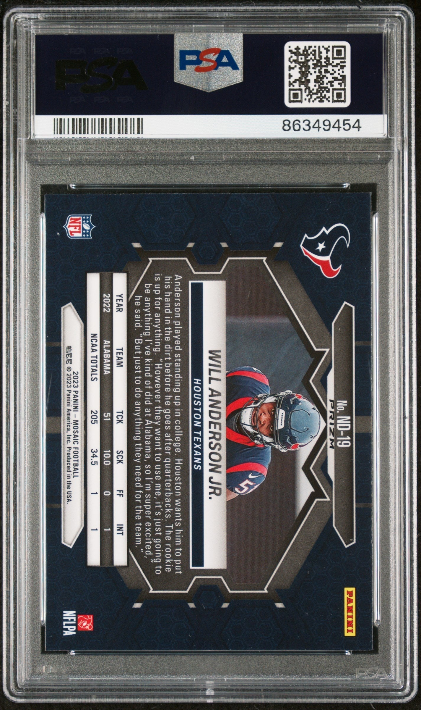 Graded 2023 Panini Mosaic Will Anderson #ND19 NFL Debut Reactive Blue Rookie RC Football Card PSA 10 Gem Mint