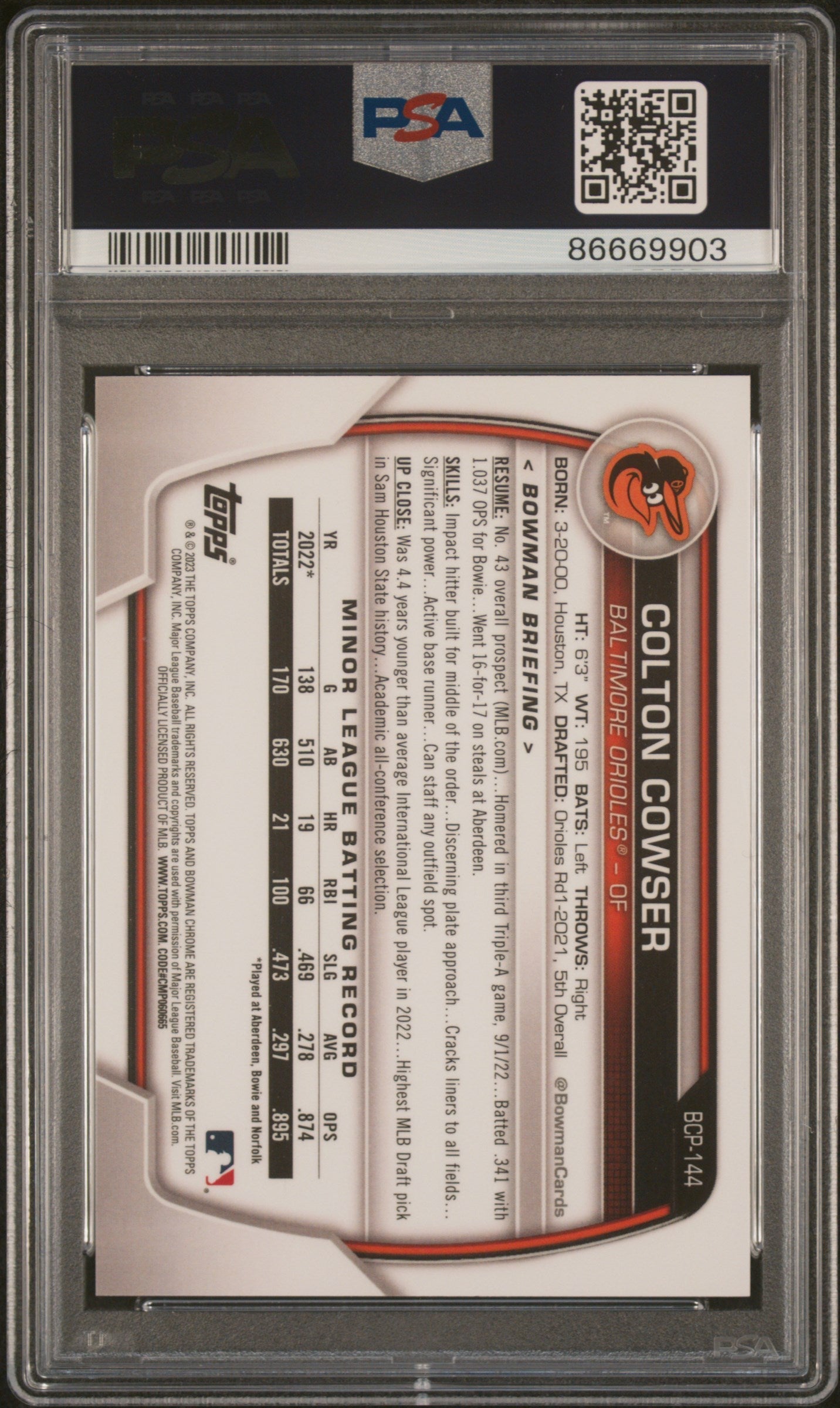 Graded 2023 Topps Bowman Colton Cowser #BCP144 Chrome Prospects Blue Raywave Refractor #/150 Rookie RC Baseball Card PSA 10 Gem Mint