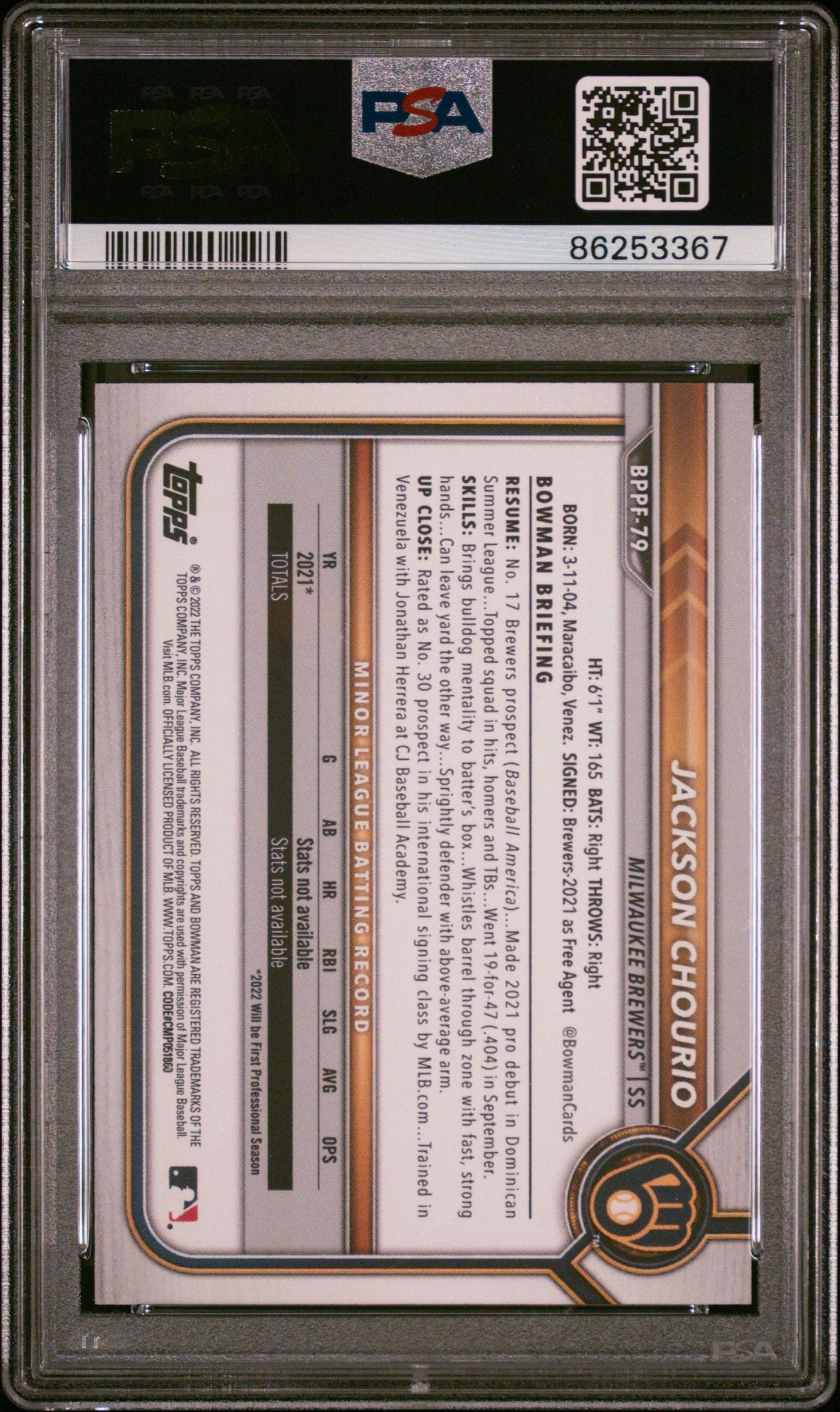 Graded 2022 Topps Bowman 1st Edition Jackson Chourio #BPPF79 Rookie RC Baseball Card PSA 10 Gem Mint
