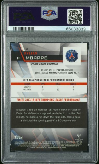 Graded 2018 Topps Finest UCL Kylian Mbappe #50 Green Refractor /99 Soccer Card PSA 9 Mint