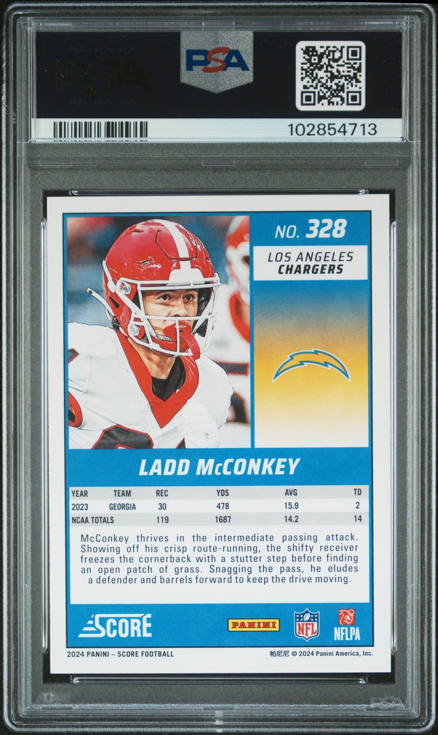 Graded 2024 Panini Score Ladd McConkey #328 Rookie RC Football Card PSA 10 Gem Mint